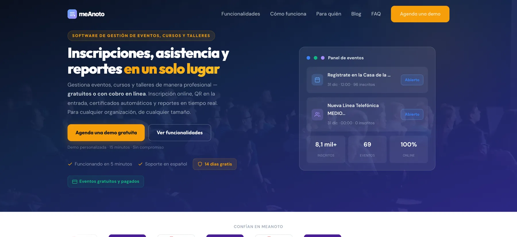 Pantalla de meAnoto: panel de eventos con entradas, asistencia y reportes en tiempo real.