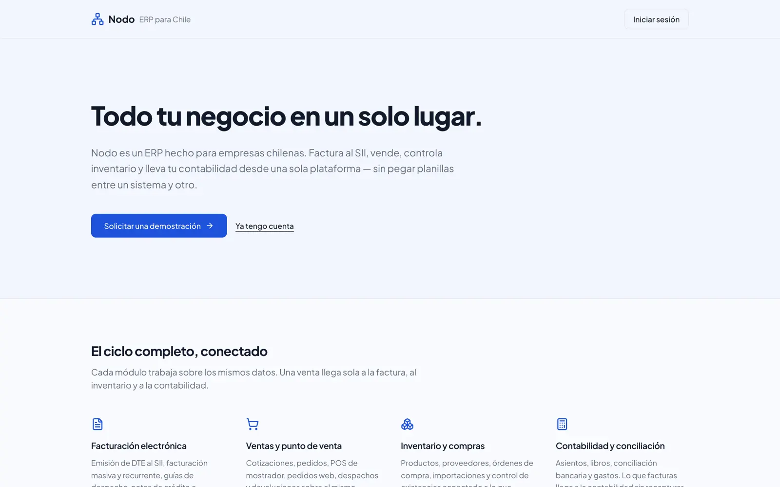 Pantalla de Nodo: el ERP chileno con facturación al SII, ventas, inventario y conciliación.